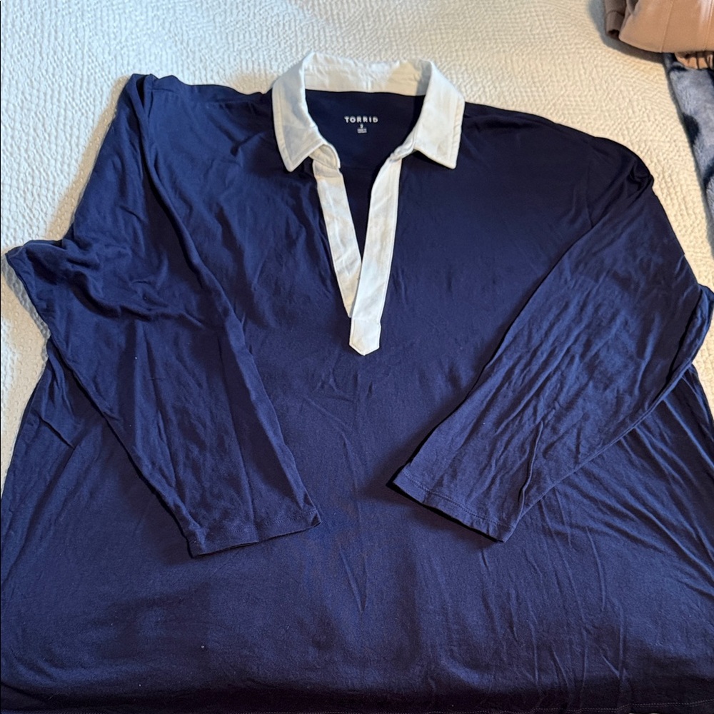 torrid Navy Long-Sleeve Polo with White Contrast Collar